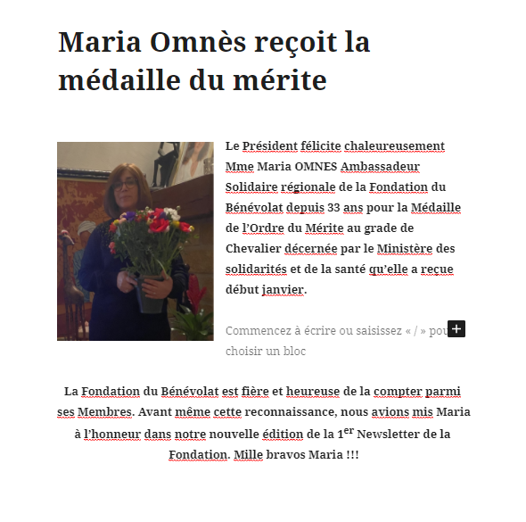 Maria Omnes, Ambassadrice Solidaire, Chevalière de l’Ordre National du Mérite.